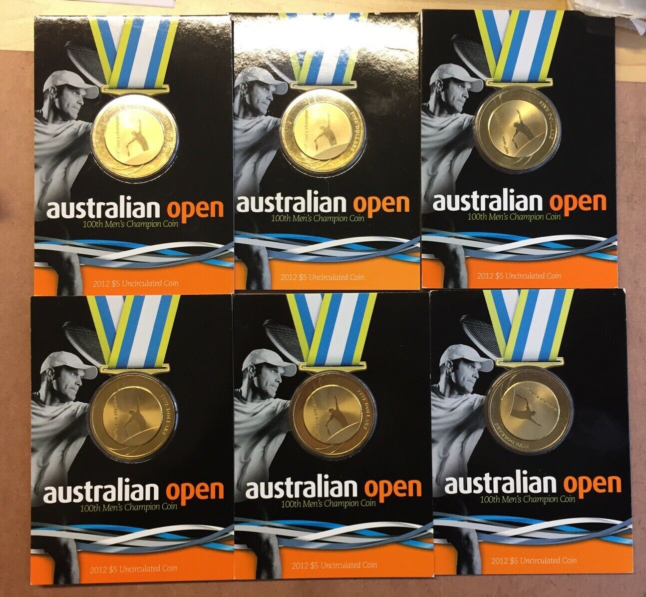 Australia 2012 $5 Australian Open Tennis 100th Men's Championship x 6 Coins