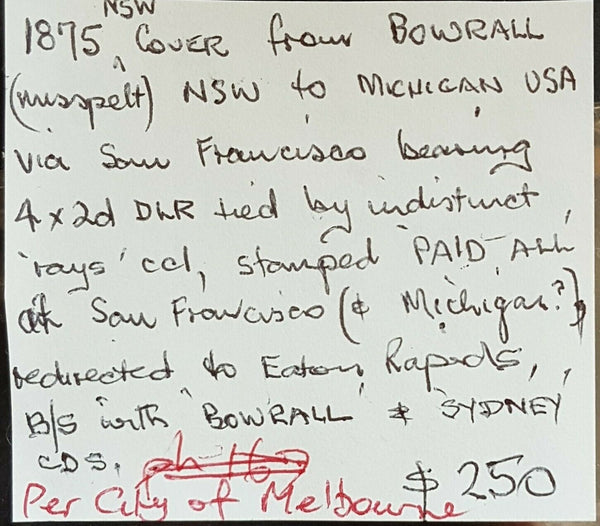 NSW - USA from Bowrall (misspelt) 2d De la Rue strip of 4, Paid All SanFrancisco