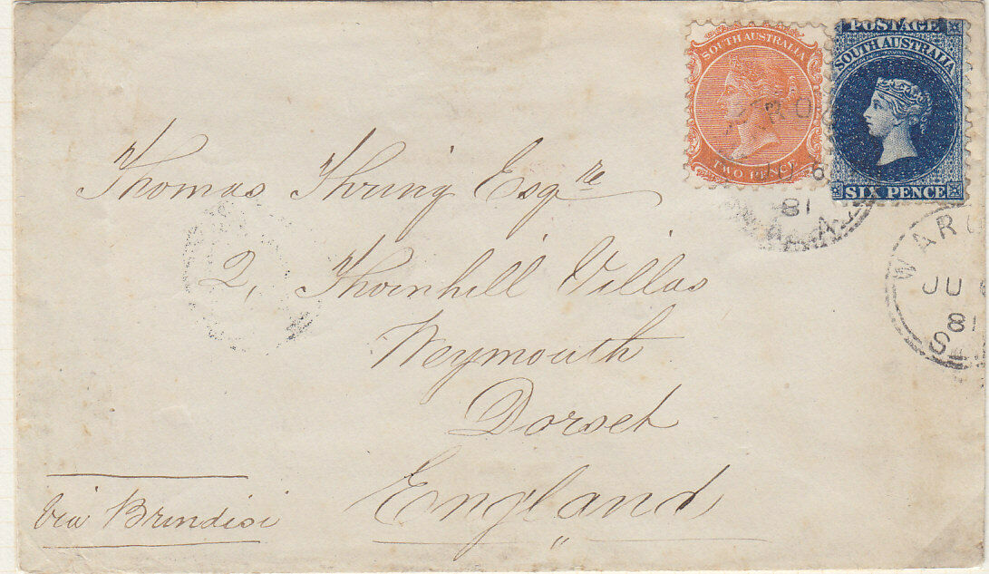 SA Australian States 1881 (June 6) Cover to England at the 8d rate via Brindisi.