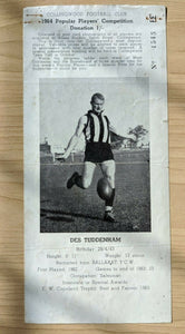 VFL 1964 Collingwood Football Club Popular Players Competition Card Des Tuddenham Rare