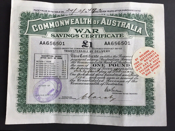 Australia 1942 £1 large War Savings Certificate bank note Superb Condition