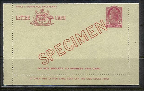 Australia letter card 4d QEII violet on grey OVERPRINTED Specimen. ACSC LC 81Aw
