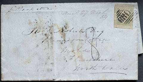 NSW 3d Laureate SG 67 on entire Sydney 27-8-1853 to Wales per Cleopatra