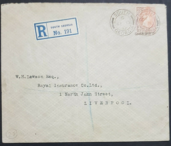 South Georgia underprint on Falkland Islands SG ZU 3 registered to Liverpool GB