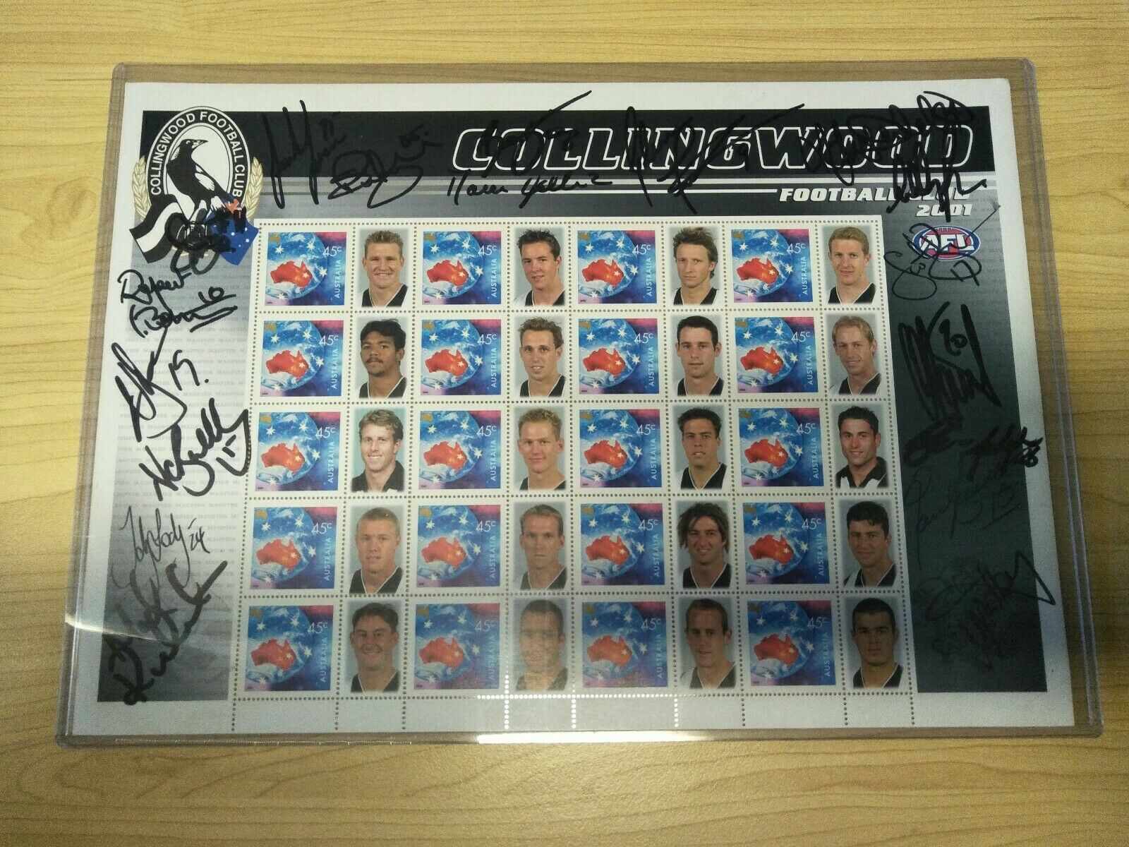 Collingwood Football Club Stamp Sheet Signed By 19 Players Inc Buckley, Presti
