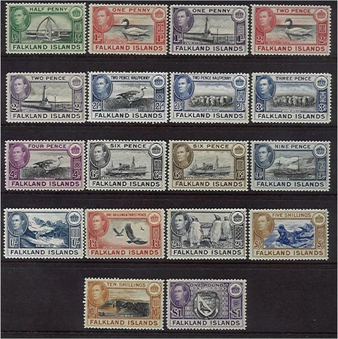 Falkland Islands KGVI 1937 birds whales seals ships Defins set (18) SG 146/63 M