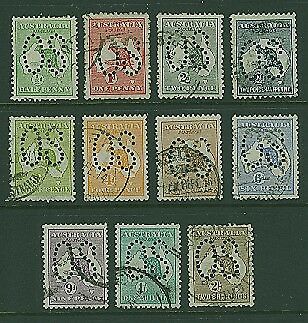 Australia SG O1/O11 Kangaroo Perforated Large OS Set of 11 to 2/- Brown used