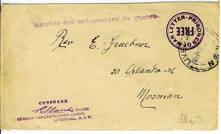 Australia German Concentration Camp Liverpool NSW. WW1 POW letter to Mosman