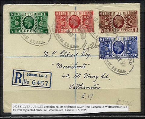 GB Great Britain SG 453-6 10th May 1935 KGV Silver Jubilee on registered cover