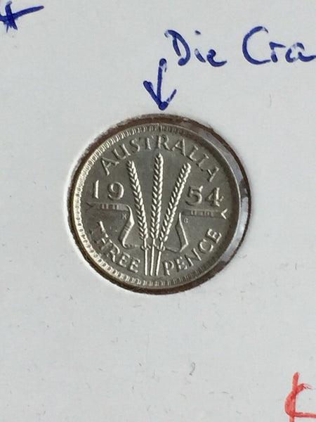 Australia 1954 Threepence 3d With Die Crack Uncirculated