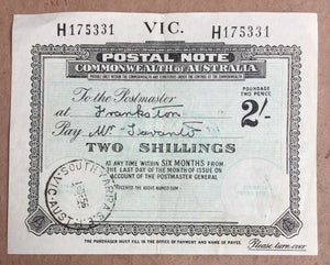 Australia Victoria 2/- Postal Note banknote postal stationery Canc Sth Yarra1956