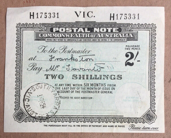 Australia Victoria 2/- Postal Note banknote postal stationery Canc Sth Yarra1956