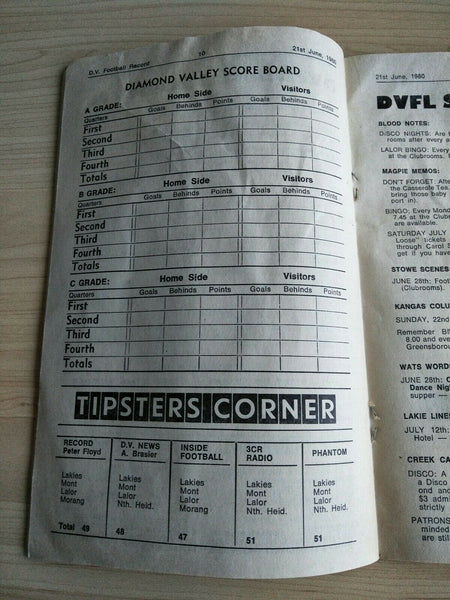 Football 1980 21st June Diamond Valley Football League Football Record Vol. 24, No. 11