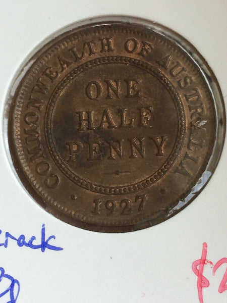 Australia 1927 Half Penny 1/2d with Die Crack Unc