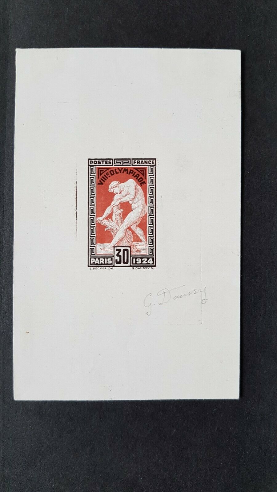 France 30c 1924 Paris Olympic Games rare Die Proof signed by artist.SG 403 sport