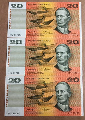 Australia $20 Knight Wheeler Consecutive Run of 3 Banknotes Uncirculated R406b