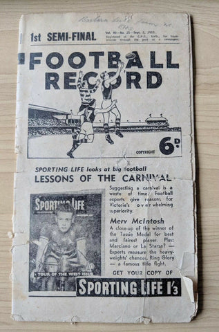 VFL 1953 Round 1st Semi Final Football Record Footscray v Essendon