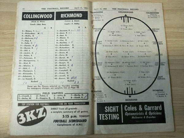 VFL 1968 April 15 Football Record Collingwood v Richmond