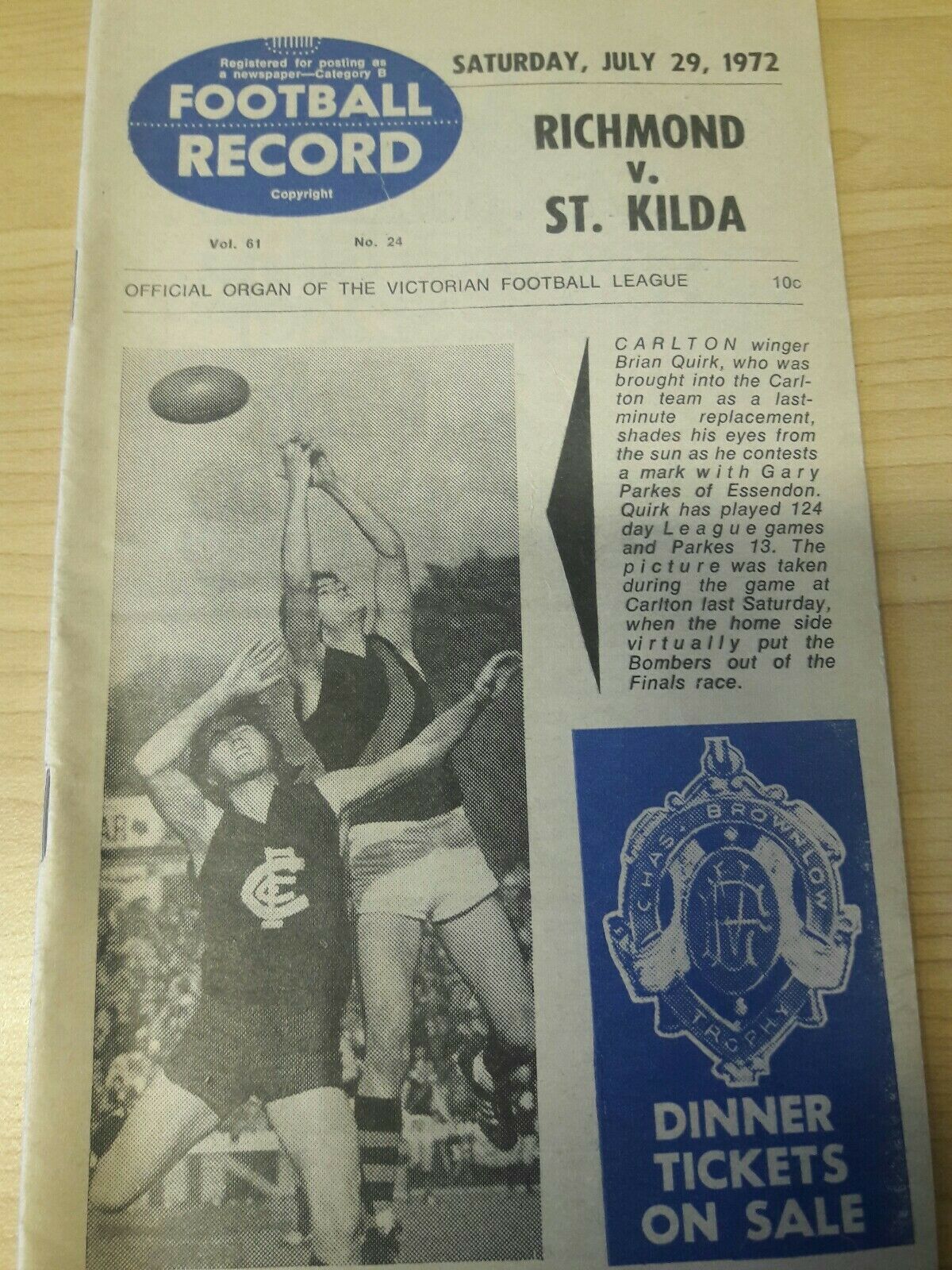 VFL 1972 Football Record July 29 Richmond v St Kilda