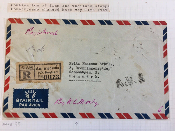 Thailand 1949 A.V.2  Registered Airmail Cover Bangkok To Denmark