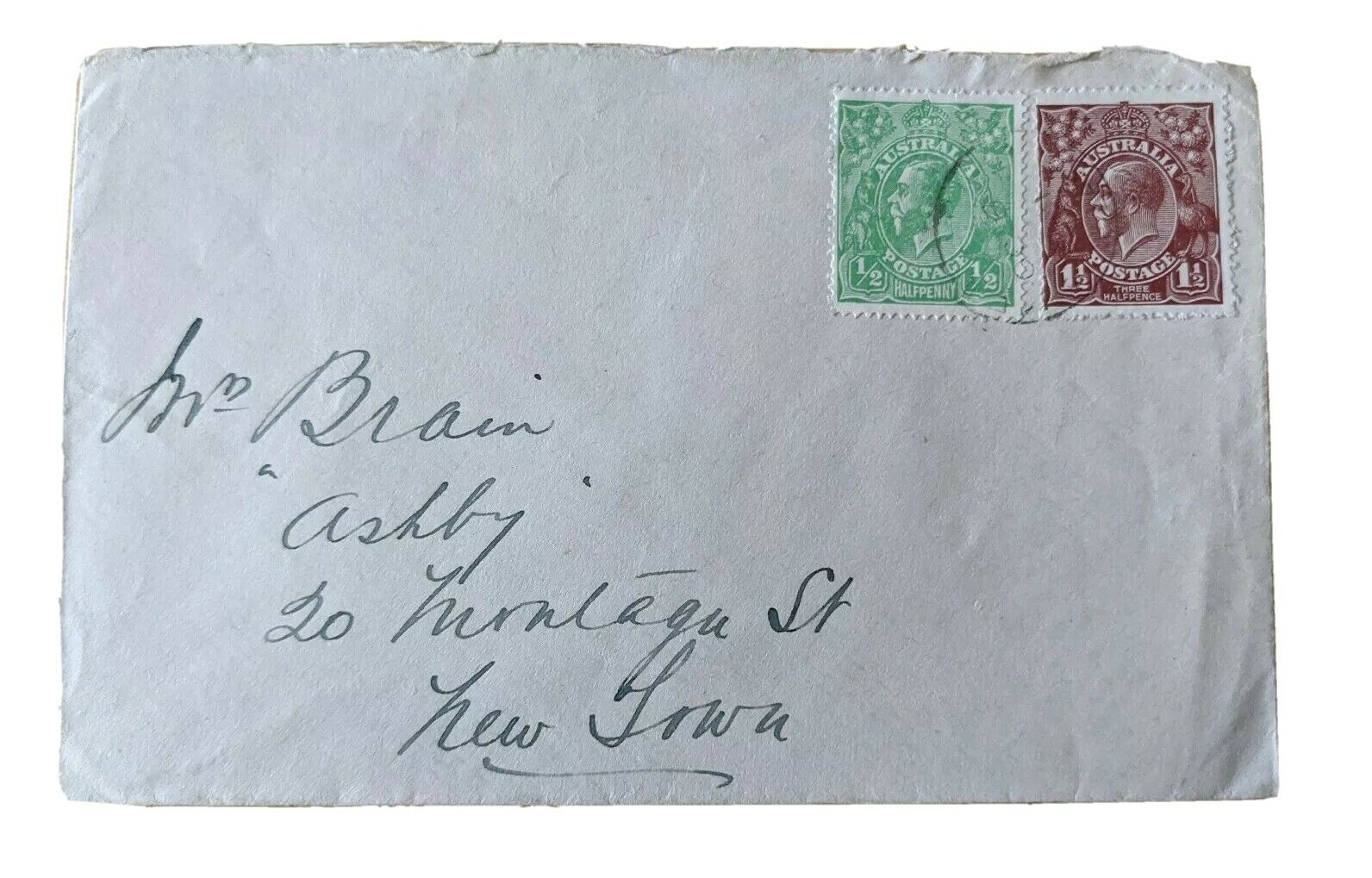 Australia Tasmania  ½d and 1½d KGV on cover to New Town