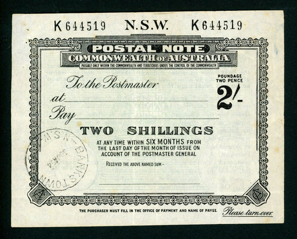 Australia NSW 2/- Postal Note banknote postal stationery used Bankstown 1954