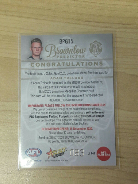 2020 Select Gold Brownlow Predictor Adam Treloar Collingwood No.83/140