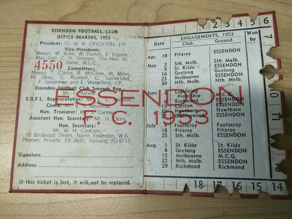 VFL 1953 Essendon Football Club Membership Season Ticket No. 4550