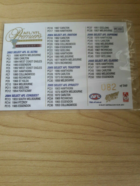 AFL/VFL PREMIER'S 1897-1996 CHECKLIST 1 CARD SELECT 2013 PRIME #82/560