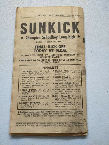 VFL 1960 August 6 Football Record Melbourne v Collingwood