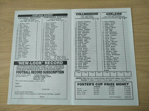 AFL 1993/4 Four different Foster's Cup Collingwood Games Souvenir Football Records