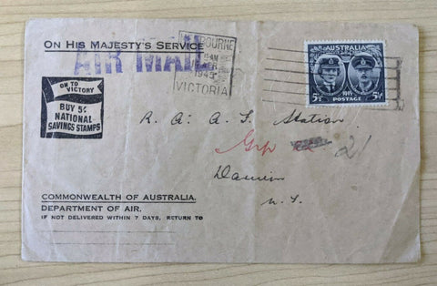 Australia 1945 WWII Military Mail On His Majesty Service 5/- National Savings Stamp Slogan