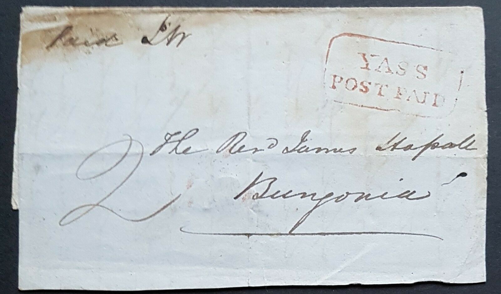 NSW Part entire Post Paid Yass No.7.1850 to Bungonia, backstamped Yass, Goulburn