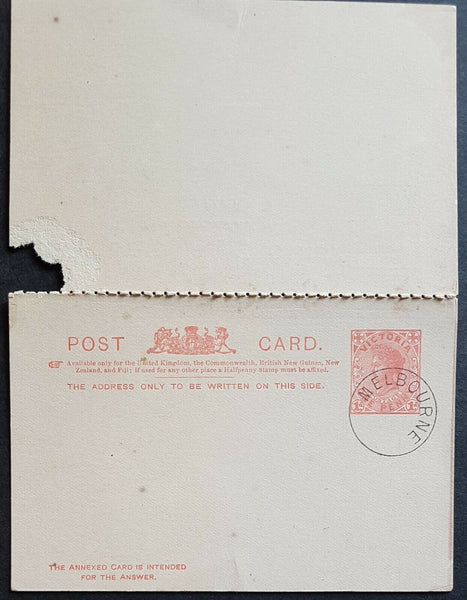 Victoria Australian States 1d +1d reply paid postcard. Scarce UPU presentation.