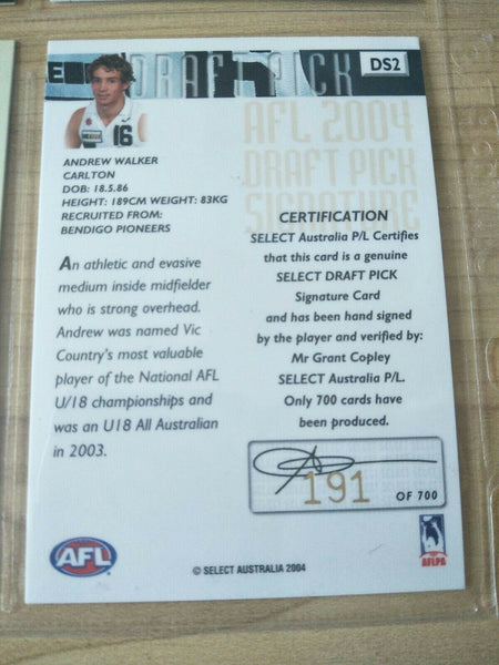 2004 Select Conquest Draft Signature Card Andrew Walker Carlton