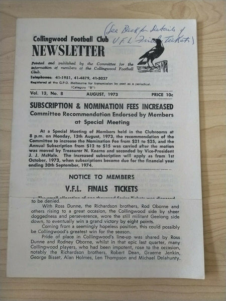 VFL 1973 Collingwood Football Club Newsletter x2 and Newspaper cutting