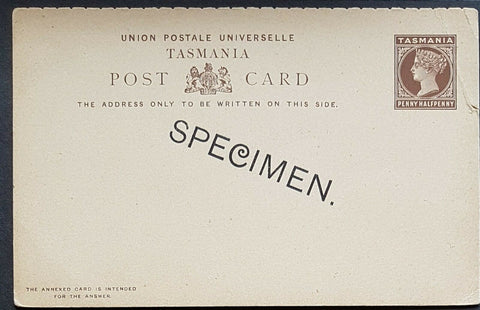 Tasmania Australian States ½d  + ½d Brown Reply Post card overprinted Specimen M