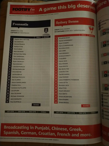 2013 2nd Preliminary Final AFL Football Record Fremantle v Sydney