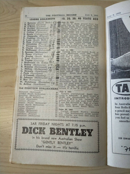 VFL 1955 July 9 Football Record Footscray v  Collingwood