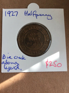 Australia 1927 Half Penny 1/2d with Die Crack Unc