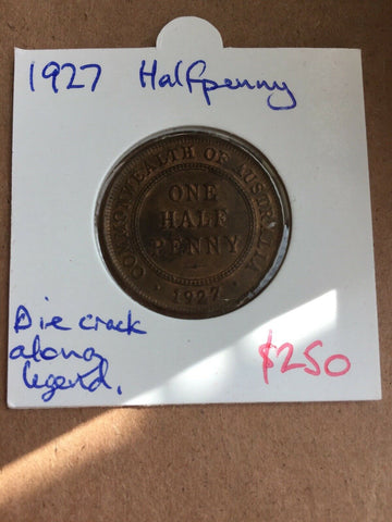Australia 1927 Half Penny 1/2d with Die Crack Unc