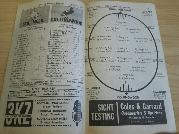 South Melbourne Vs Collingwood August 1st 1964 Footy Record