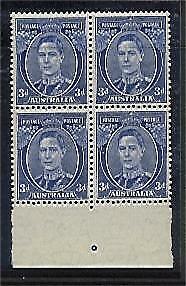 Australia SG 186 3d bright blue Die III KGVI in block of 4 MUH Stamps
