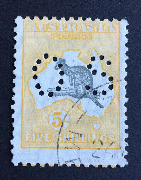 Australia Small Mult.  Watermark 5/- Yellow & Grey Kangaroo Perf OS SGO118 CTO