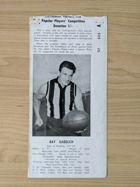 VFL 1964 Collingwood Football Club Popular Players Competition Card, Ray Gabelich. Rare