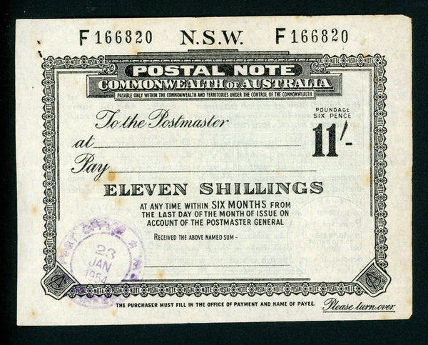 Australia NSW 11/- Postal Note banknote postal stationery used 1954 purple cds