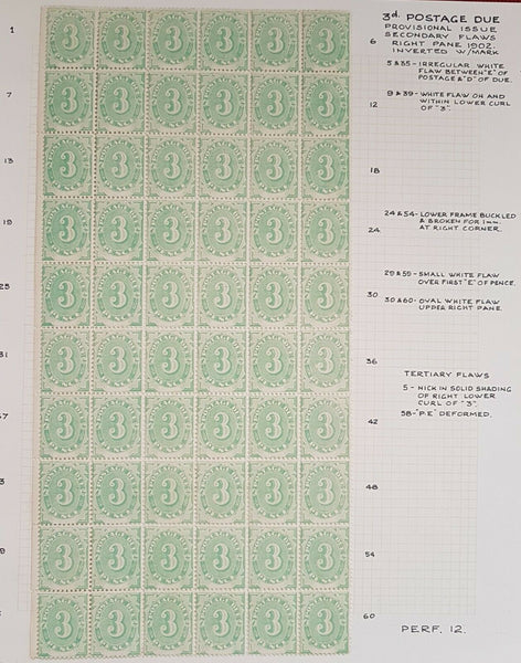 Australia Postage Due SG D4 3d left pane of 60 with varieties annotated. Superb