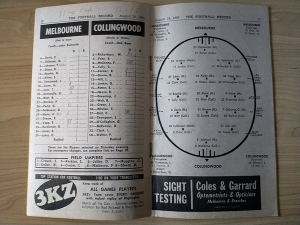 VFL 1968 August 24 Football Record Melbourne v Collingwood