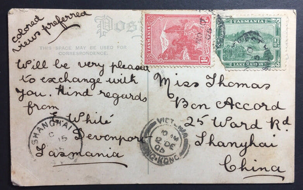 China- Shanghai Inwards 1905 King Billy PPC Tasmania/HK/BPO Shanghai Markings