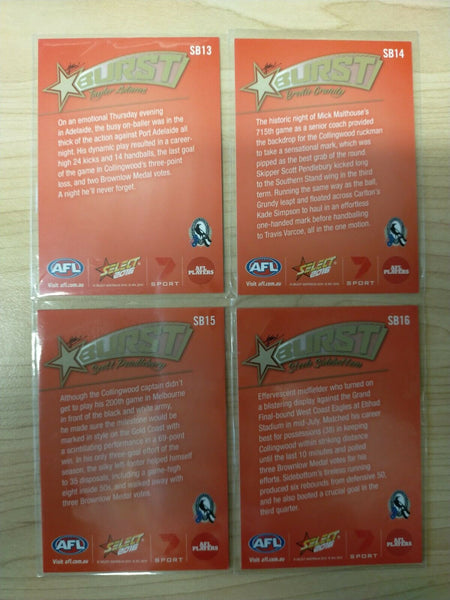 2016 Select Orange Star Burst Collingwood Team Set Of 4 Cards